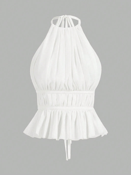 PETITE Women's Pleated Halter Neckline Waist-Tied Backless Tank Top,Petite Women
