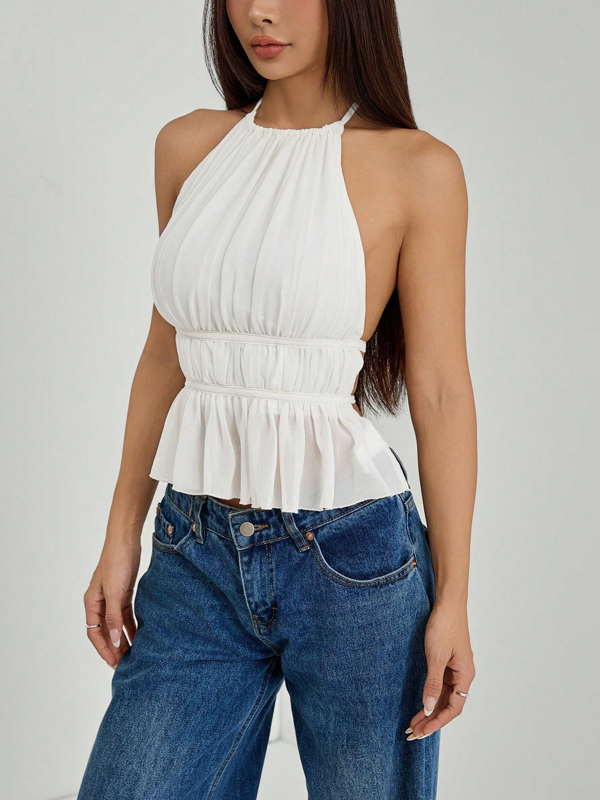 PETITE Women's Pleated Halter Neckline Waist-Tied Backless Tank Top,Petite Women