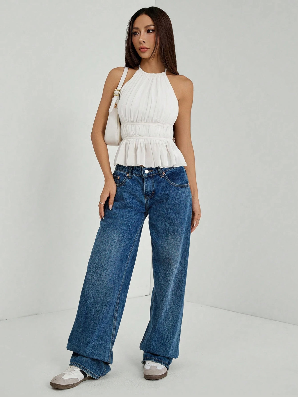 PETITE Women's Pleated Halter Neckline Waist-Tied Backless Tank Top,Petite Women
