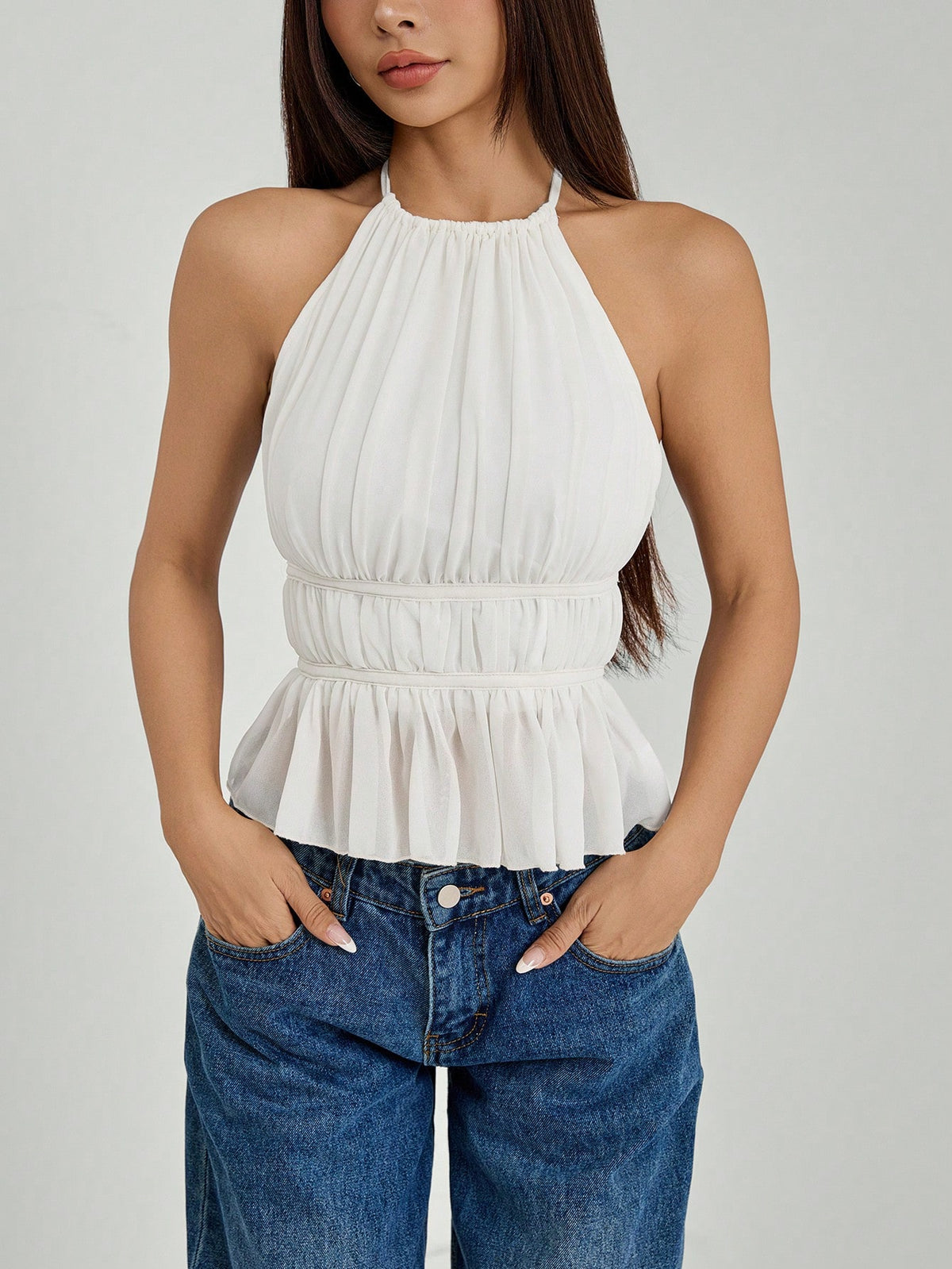 PETITE Women's Pleated Halter Neckline Waist-Tied Backless Tank Top,Petite Women