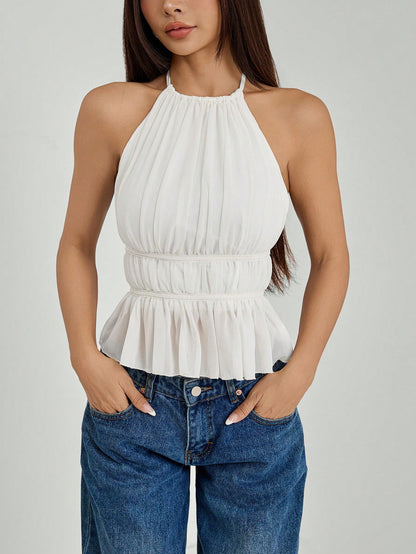 PETITE Women's Pleated Halter Neckline Waist-Tied Backless Tank Top,Petite Women