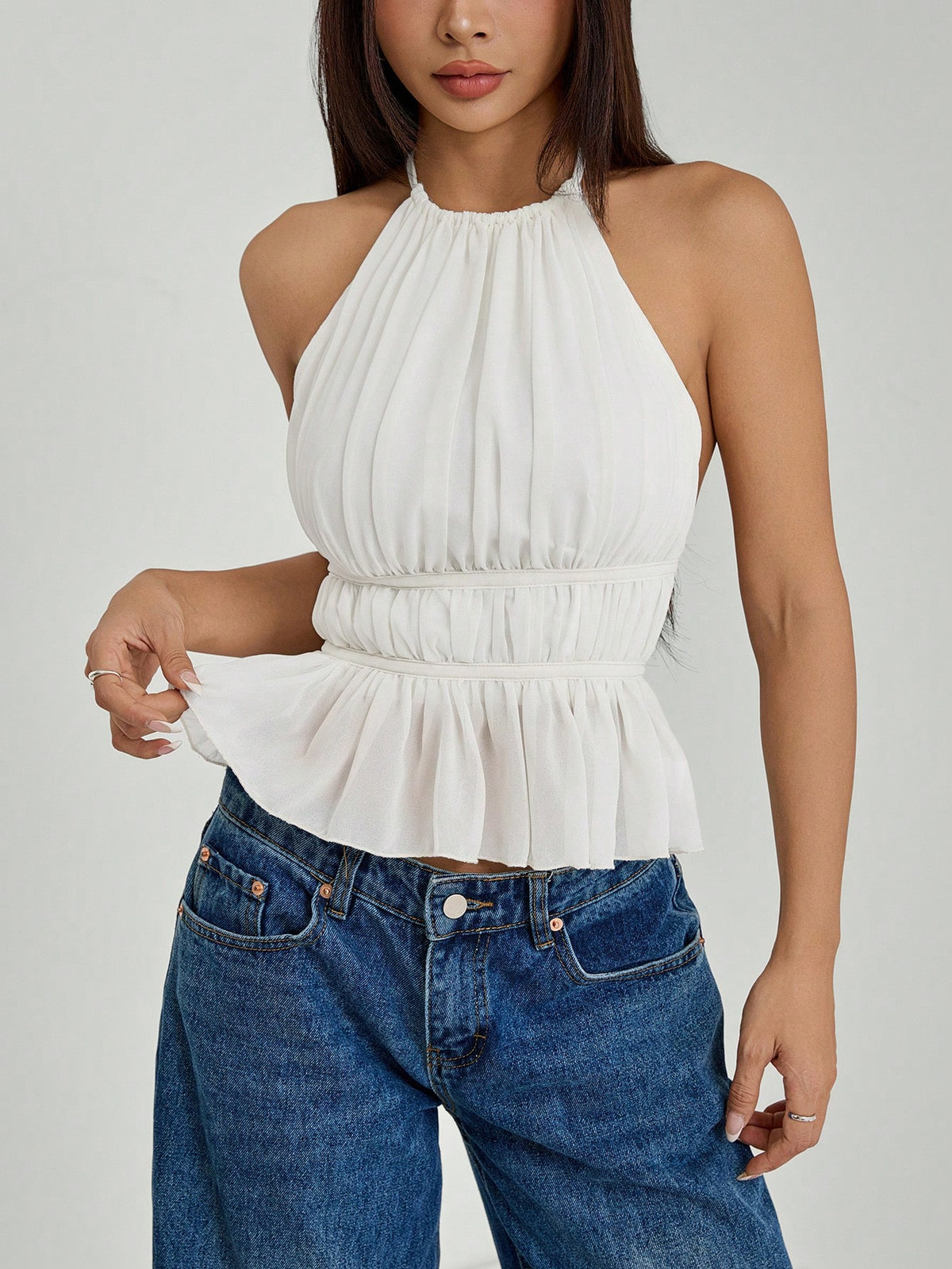 PETITE Women's Pleated Halter Neckline Waist-Tied Backless Tank Top,Petite Women