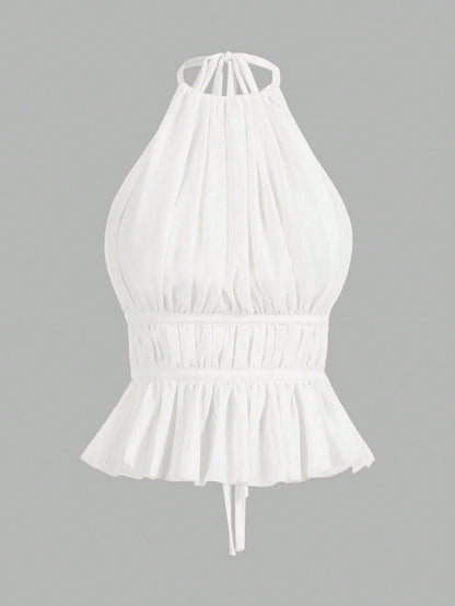 PETITE Women's Pleated Halter Neckline Waist-Tied Backless Tank Top,Petite Women