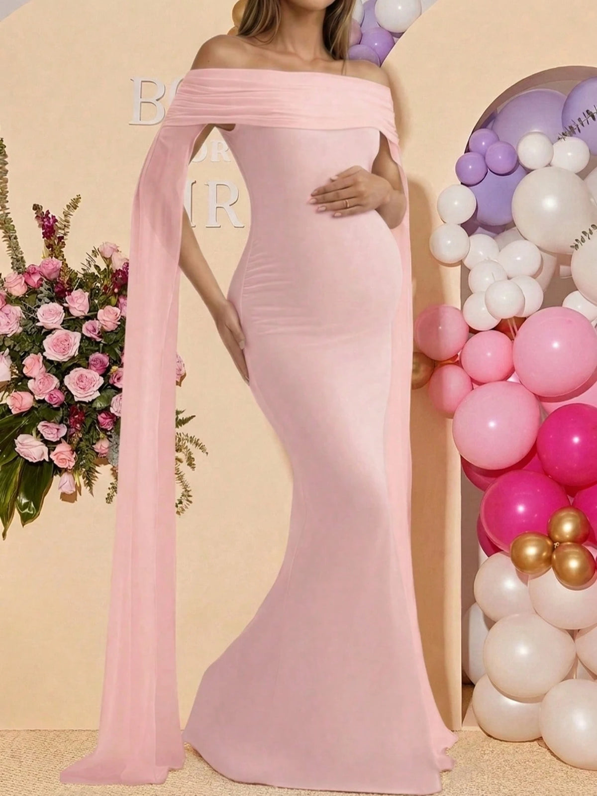 Pink Maternity Off Shoulder Sleeveless Sheer Knit Mermaid Maxi Dress, Elegant Maternity Photography, Wedding Guest, Party Gown Fall