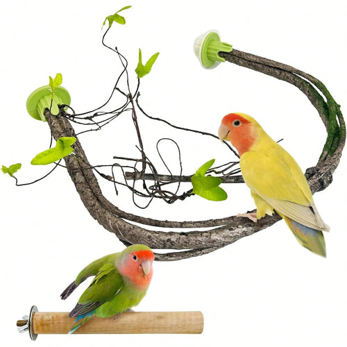 PINVNBY 2 PCS Bendable Bird Perches Simulation Branch Parrot Perch Stand With Green Leaf Hanging Paw Grinding Fork Cage Accessories Parakeet Budgie Finch Cockatiel Conure (Medium)