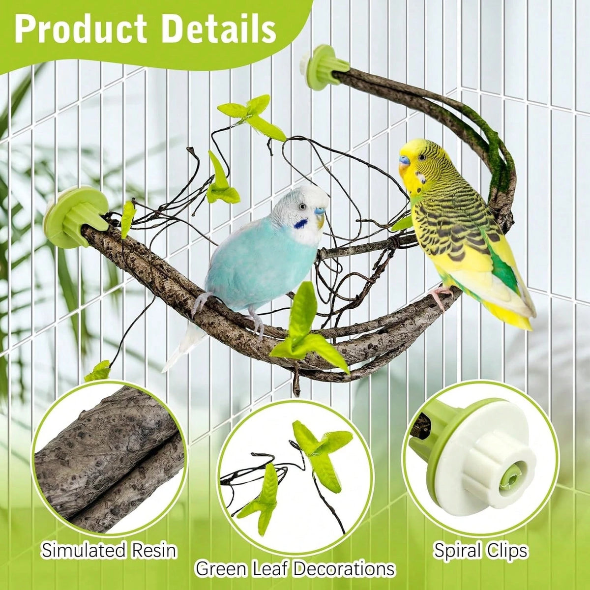 PINVNBY 2 PCS Bendable Bird Perches Simulation Branch Parrot Perch Stand With Green Leaf Hanging Paw Grinding Fork Cage Accessories Parakeet Budgie Finch Cockatiel Conure (Medium)