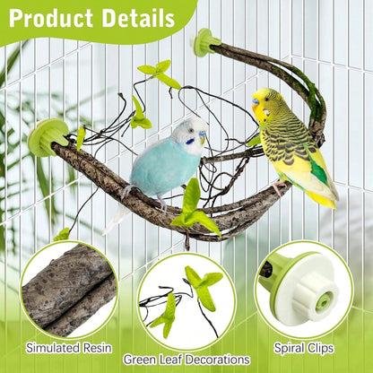 PINVNBY 2 PCS Bendable Bird Perches Simulation Branch Parrot Perch Stand With Green Leaf Hanging Paw Grinding Fork Cage Accessories Parakeet Budgie Finch Cockatiel Conure (Medium)