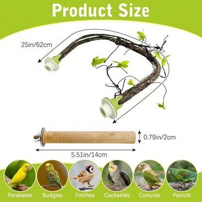 PINVNBY 2 PCS Bendable Bird Perches Simulation Branch Parrot Perch Stand With Green Leaf Hanging Paw Grinding Fork Cage Accessories Parakeet Budgie Finch Cockatiel Conure (Medium)