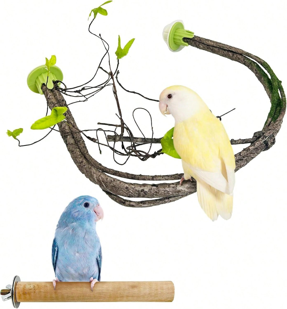 PINVNBY 2 PCS Bendable Bird Perches Simulation Branch Parrot Perch Stand With Green Leaf Hanging Paw Grinding Fork Cage Accessories Parakeet Budgie Finch Cockatiel Conure (Medium)