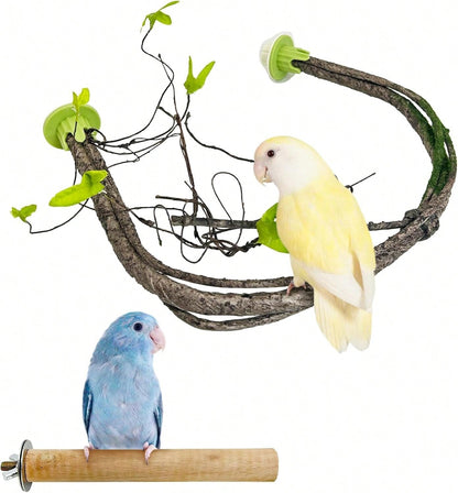 PINVNBY 2 PCS Bendable Bird Perches Simulation Branch Parrot Perch Stand With Green Leaf Hanging Paw Grinding Fork Cage Accessories Parakeet Budgie Finch Cockatiel Conure (Medium)