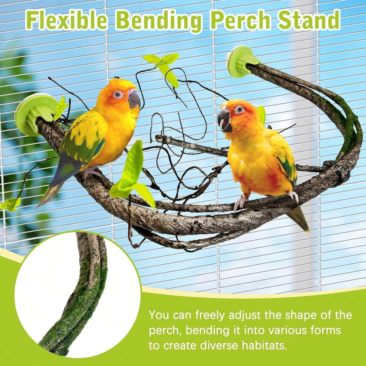 PINVNBY 2 PCS Bendable Bird Perches Simulation Branch Parrot Perch Stand With Green Leaf Hanging Paw Grinding Fork Cage Accessories Parakeet Budgie Finch Cockatiel Conure (Medium)