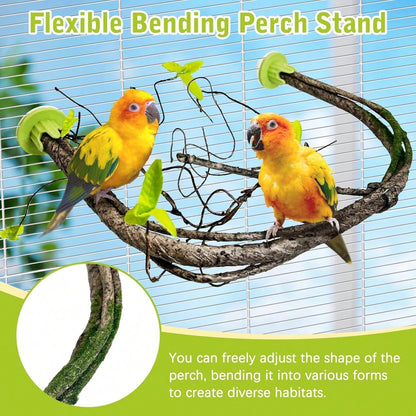 PINVNBY 2 PCS Bendable Bird Perches Simulation Branch Parrot Perch Stand With Green Leaf Hanging Paw Grinding Fork Cage Accessories Parakeet Budgie Finch Cockatiel Conure (Medium)