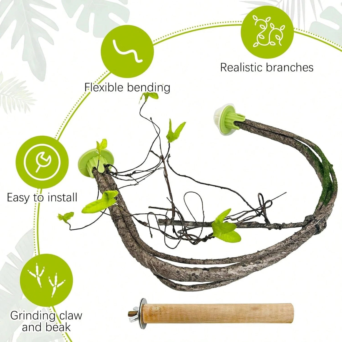 PINVNBY 2 PCS Bendable Bird Perches Simulation Branch Parrot Perch Stand With Green Leaf Hanging Paw Grinding Fork Cage Accessories Parakeet Budgie Finch Cockatiel Conure (Medium)