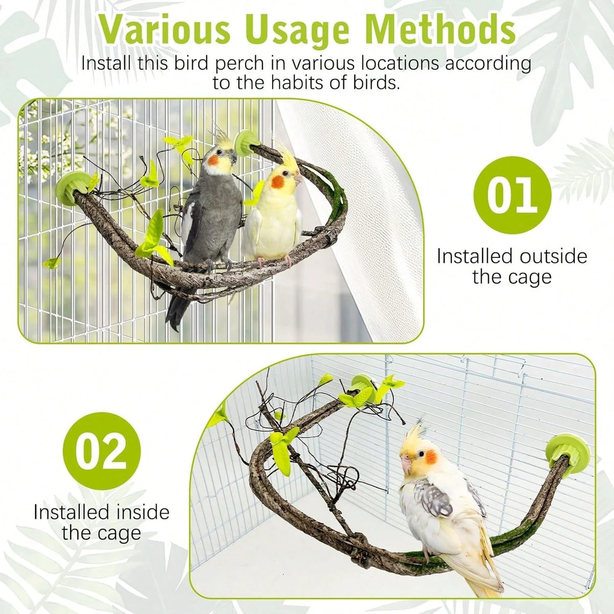 PINVNBY 2 PCS Bendable Bird Perches Simulation Branch Parrot Perch Stand With Green Leaf Hanging Paw Grinding Fork Cage Accessories Parakeet Budgie Finch Cockatiel Conure (Medium)
