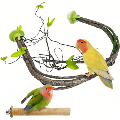 PINVNBY 2 PCS Bendable Bird Perches Simulation Branch Parrot Perch Stand With Green Leaf Hanging Paw Grinding Fork Cage Accessories Parakeet Budgie Finch Cockatiel Conure (Medium)