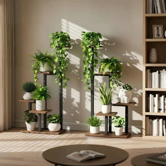 Plant Stands Indoor Set Of 2, Metal Corner Plant Stand For Multiple Plants, 5 Tier Plant Shelves For Living Room, Home, Patio, Rustic Brown And Black PSHR0101S2