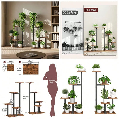 Plant Stands Indoor Set Of 2, Metal Corner Plant Stand For Multiple Plants, 5 Tier Plant Shelves For Living Room, Home, Patio, Rustic Brown And Black PSHR0101S2