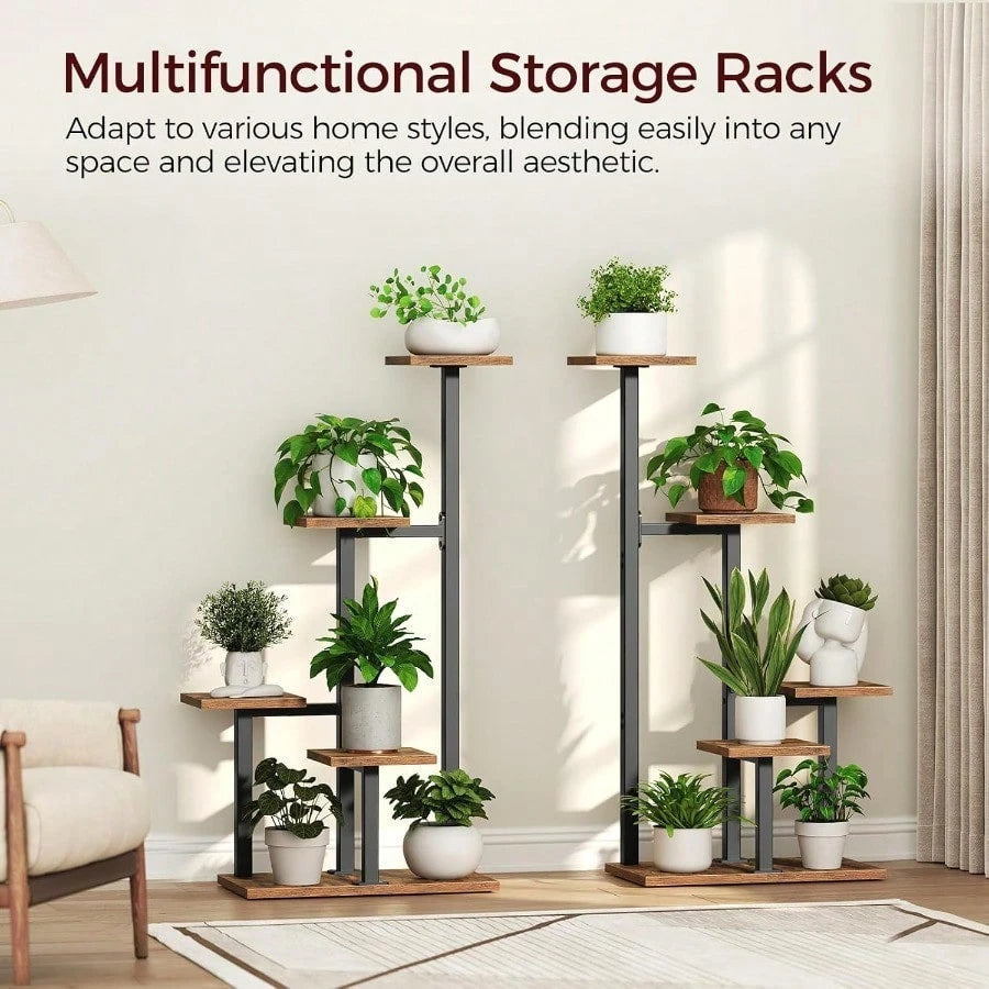 Plant Stands Indoor Set Of 2, Metal Corner Plant Stand For Multiple Plants, 5 Tier Plant Shelves For Living Room, Home, Patio, Rustic Brown And Black PSHR0101S2