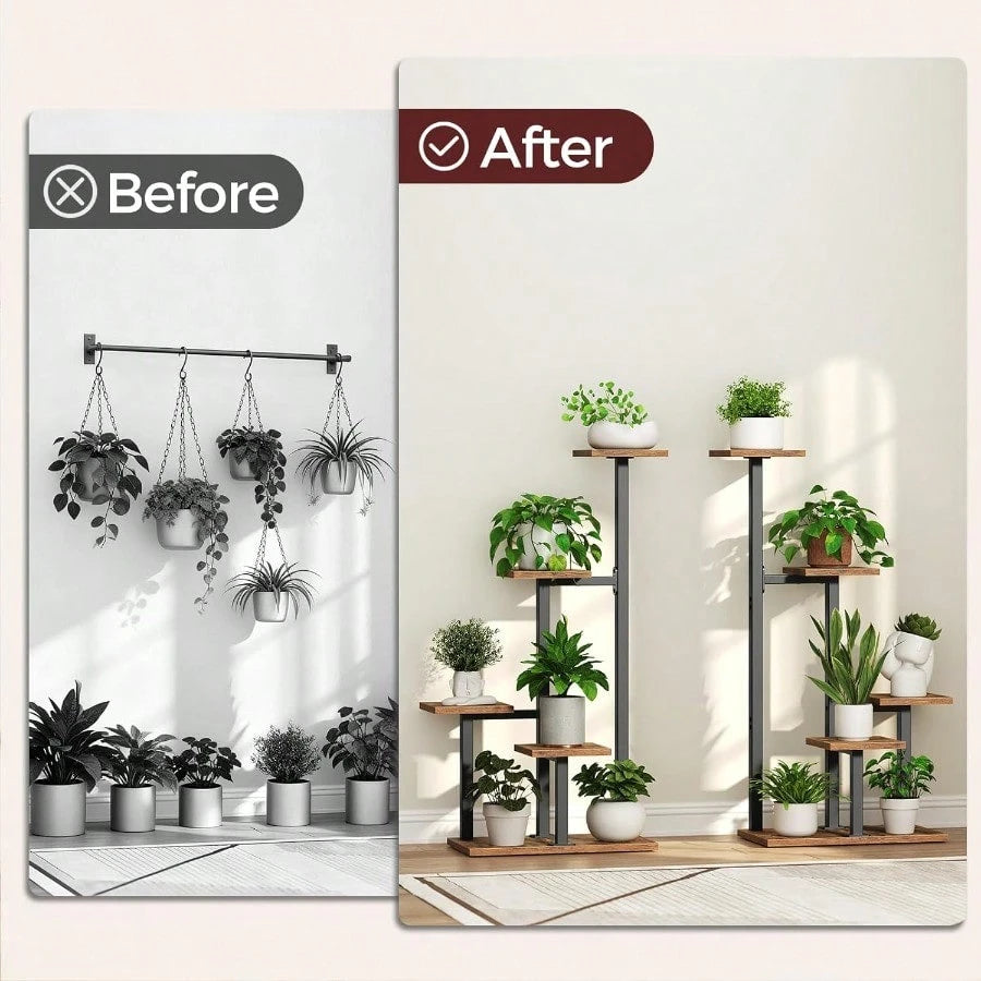 Plant Stands Indoor Set Of 2, Metal Corner Plant Stand For Multiple Plants, 5 Tier Plant Shelves For Living Room, Home, Patio, Rustic Brown And Black PSHR0101S2