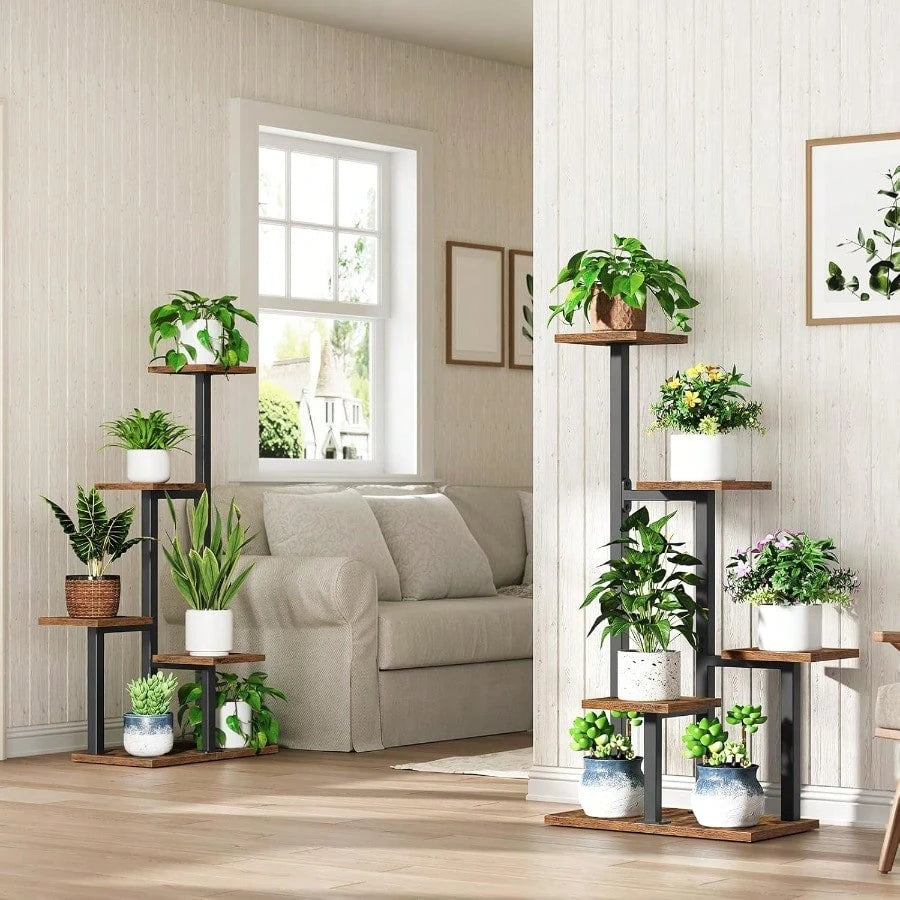 Plant Stands Indoor Set Of 2, Metal Corner Plant Stand For Multiple Plants, 5 Tier Plant Shelves For Living Room, Home, Patio, Rustic Brown And Black PSHR0101S2