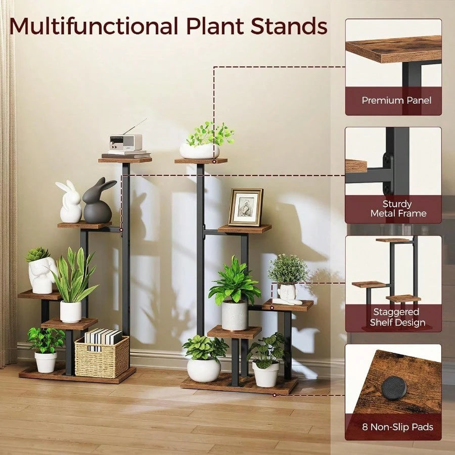 Plant Stands Indoor Set Of 2, Metal Corner Plant Stand For Multiple Plants, 5 Tier Plant Shelves For Living Room, Home, Patio, Rustic Brown And Black PSHR0101S2