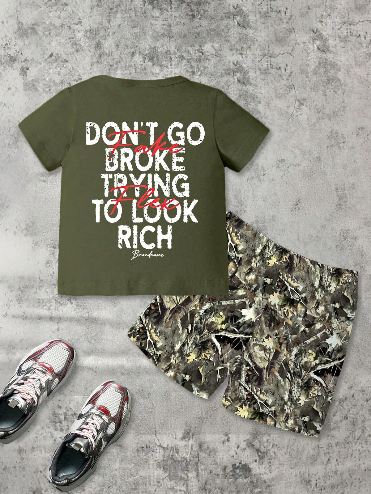 Playful Pals 2pcs/Set Baby Boy Casual Cow Boy Athletic Street Fashion Money Letter Print Round Neck Short Sleeve Top Shorts Summer Holiday Army Green Olive Green