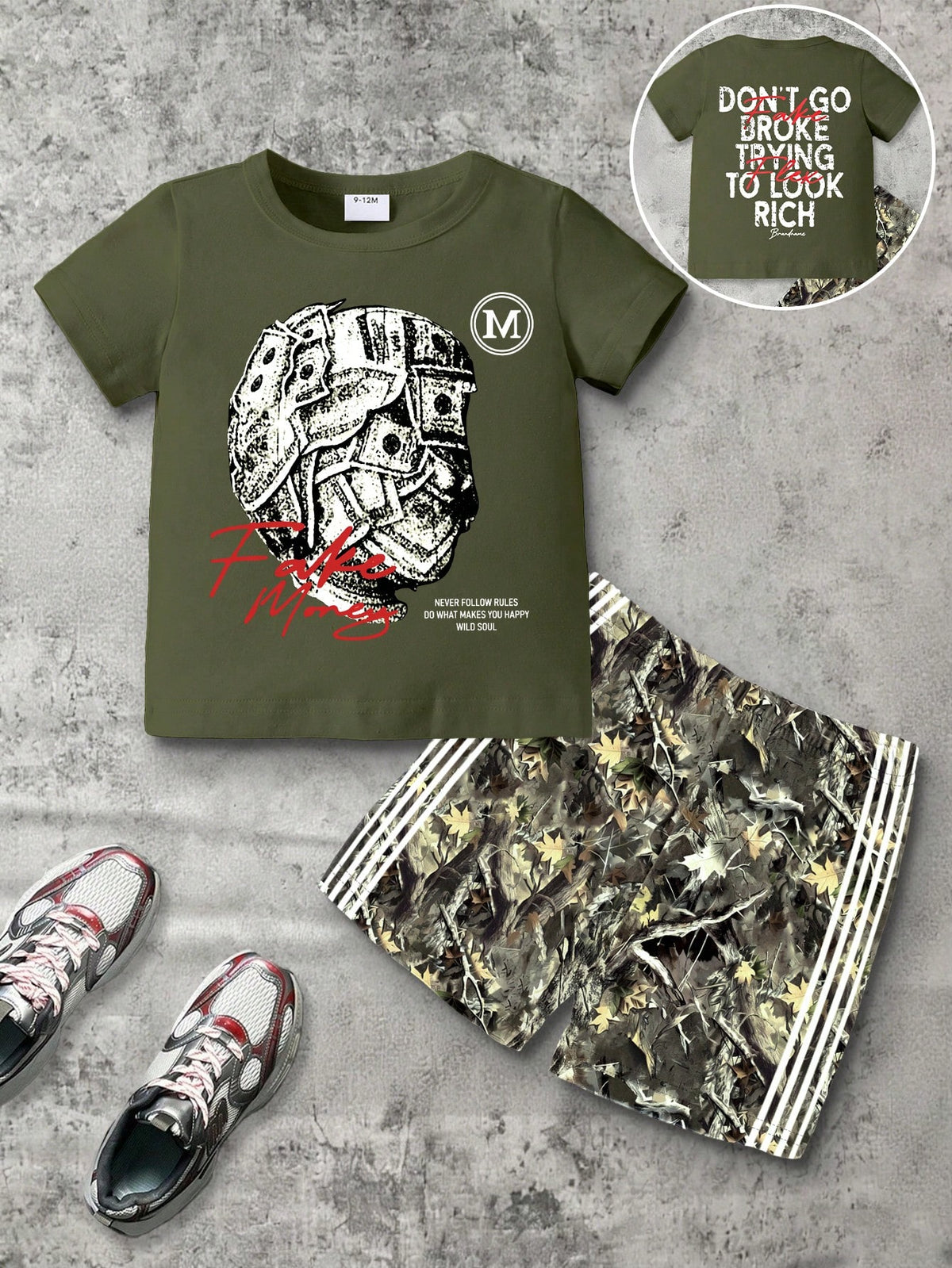 Playful Pals 2pcs/Set Baby Boy Casual Cow Boy Athletic Street Fashion Money Letter Print Round Neck Short Sleeve Top Shorts Summer Holiday Army Green Olive Green