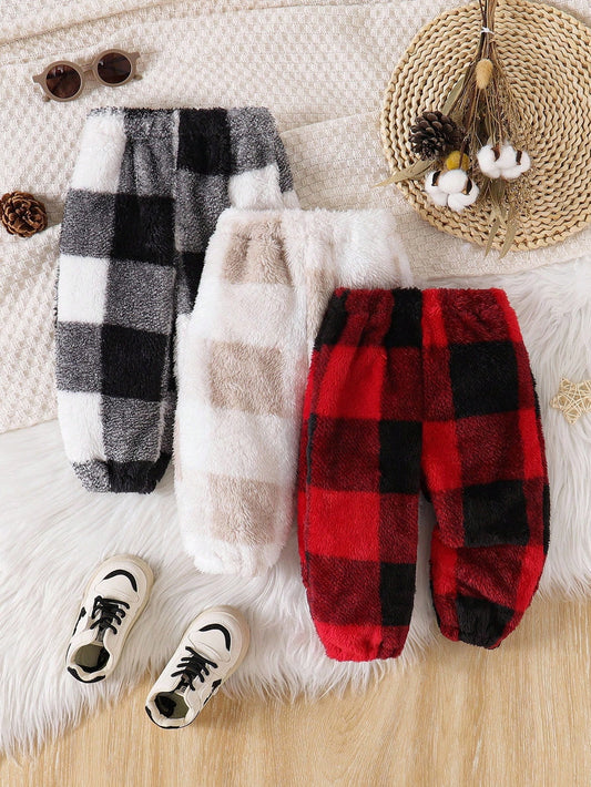 Playful Pals 3pcs Set Baby Boy & Baby Girls' Plaid Multicolor Warm Pants, Suitable For In Autumn/Winter Fall