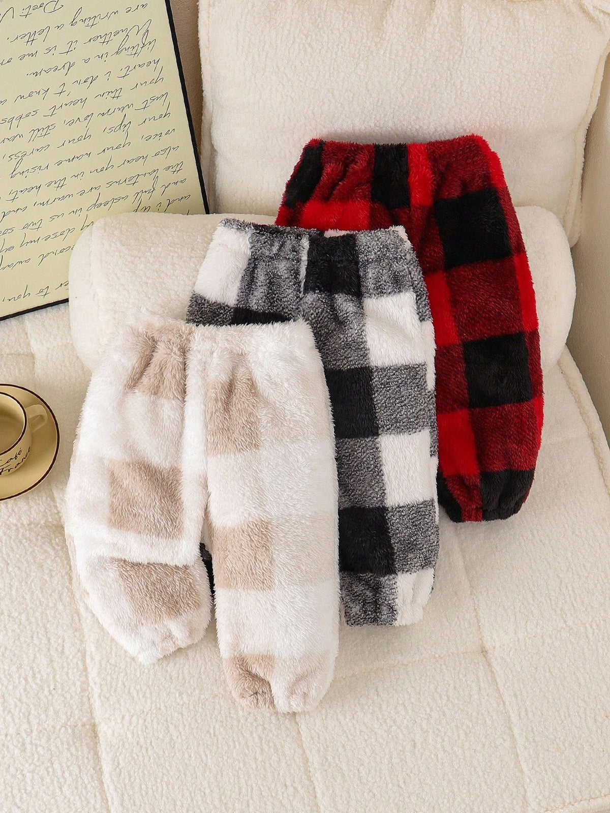 Playful Pals 3pcs Set Baby Boy & Baby Girls' Plaid Multicolor Warm Pants, Suitable For In Autumn/Winter Fall