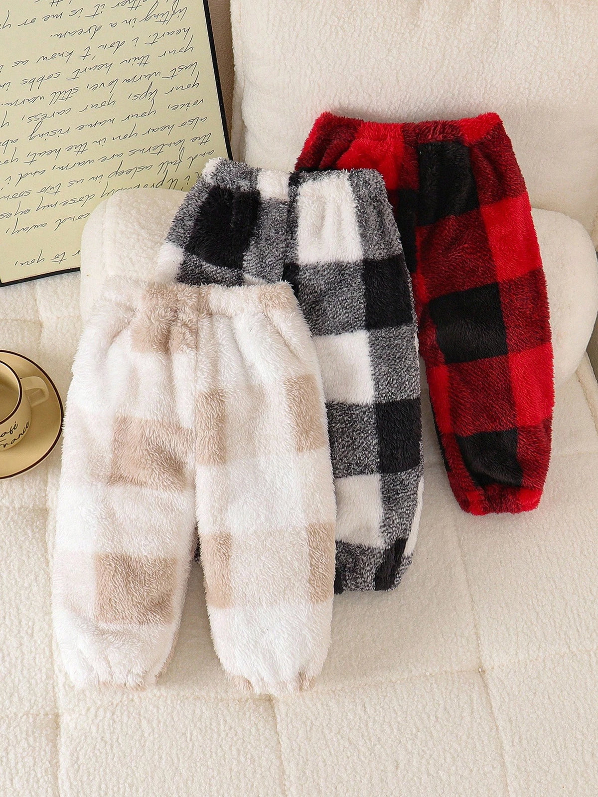 Playful Pals 3pcs Set Baby Boy & Baby Girls' Plaid Multicolor Warm Pants, Suitable For In Autumn/Winter Fall