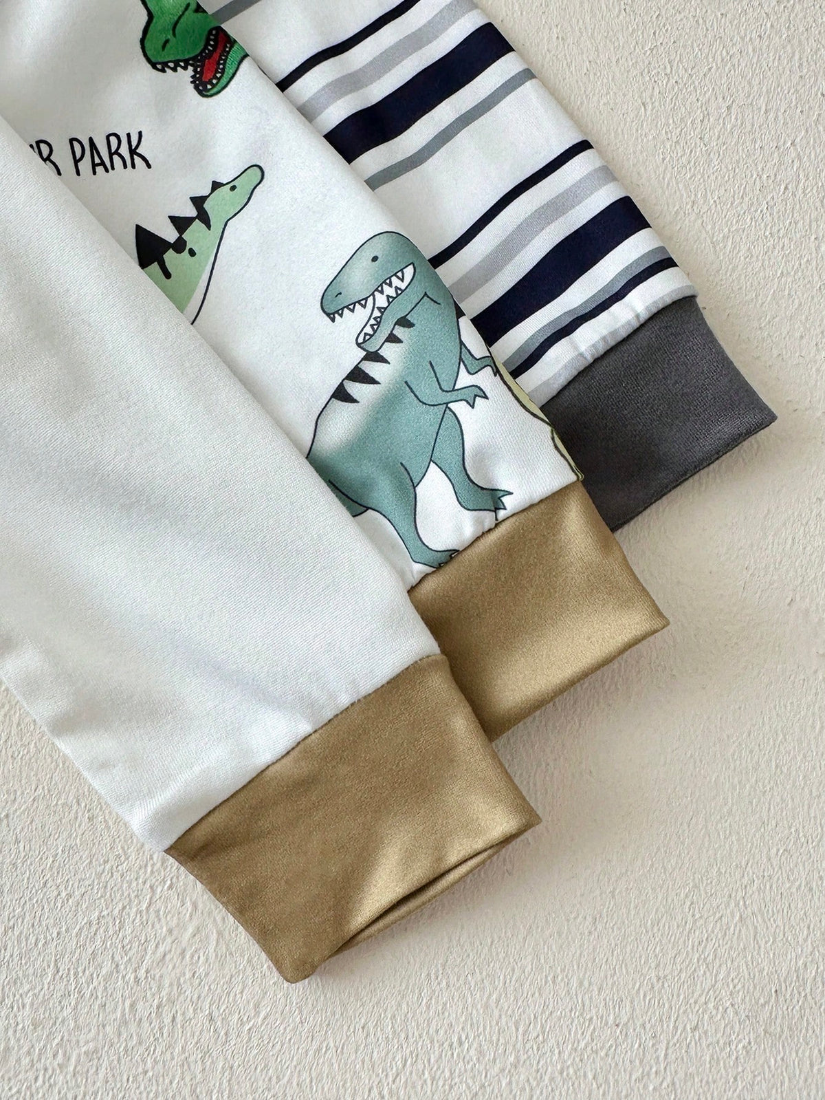 Playful Pals 3sets Baby Boy Cute White Dinosaur Pattern Striped Long Sleeve Crew Neck Top & Elastic Waist Pants T