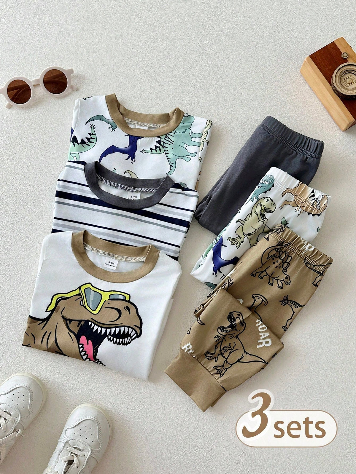 Playful Pals 3sets Baby Boy Cute White Dinosaur Pattern Striped Long Sleeve Crew Neck Top & Elastic Waist Pants T