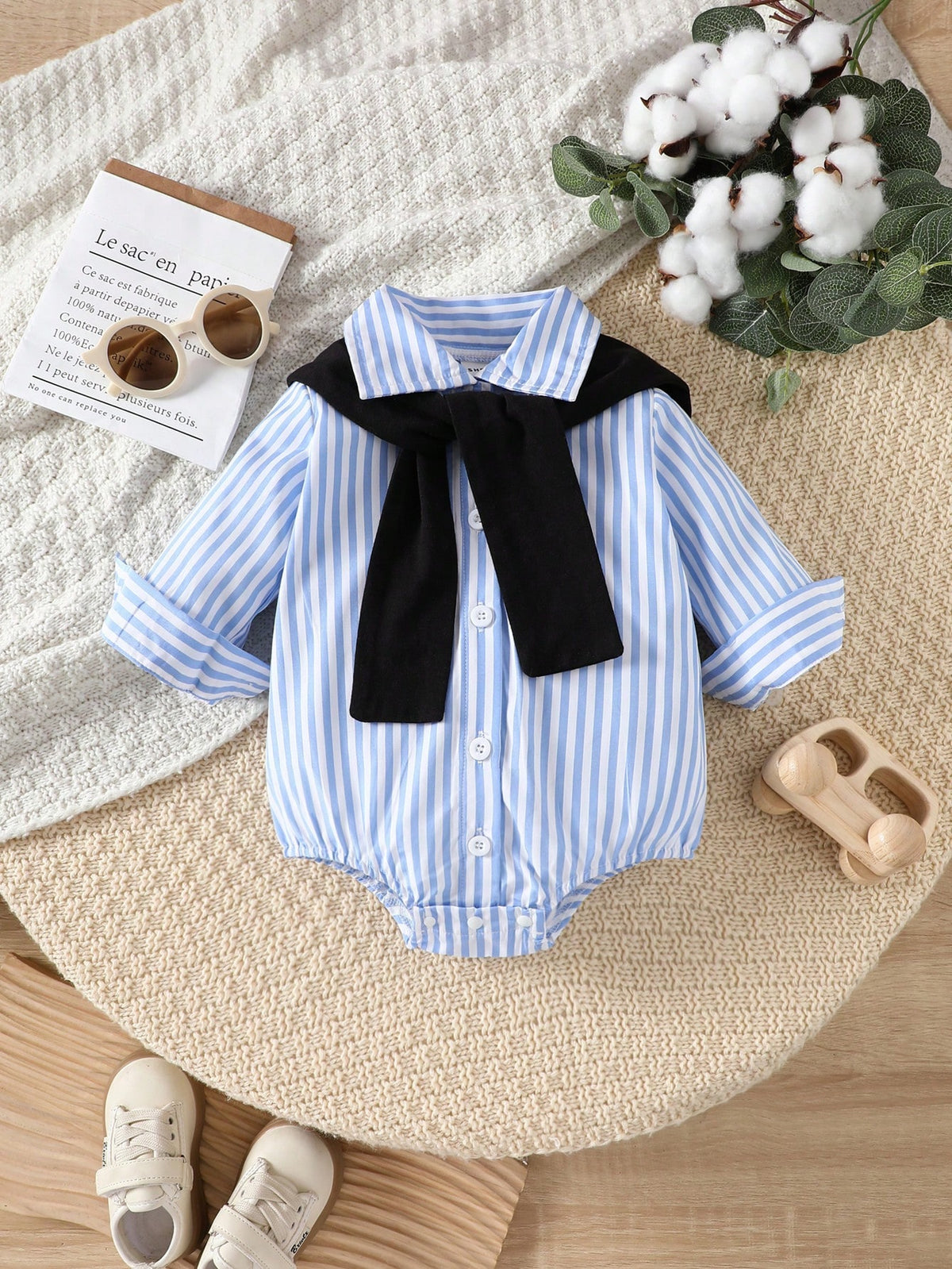 Playful Pals Baby Boy Casual Comfortable Shirt Collar Front Button Contrast Color Shawl Long Sleeve Romper
