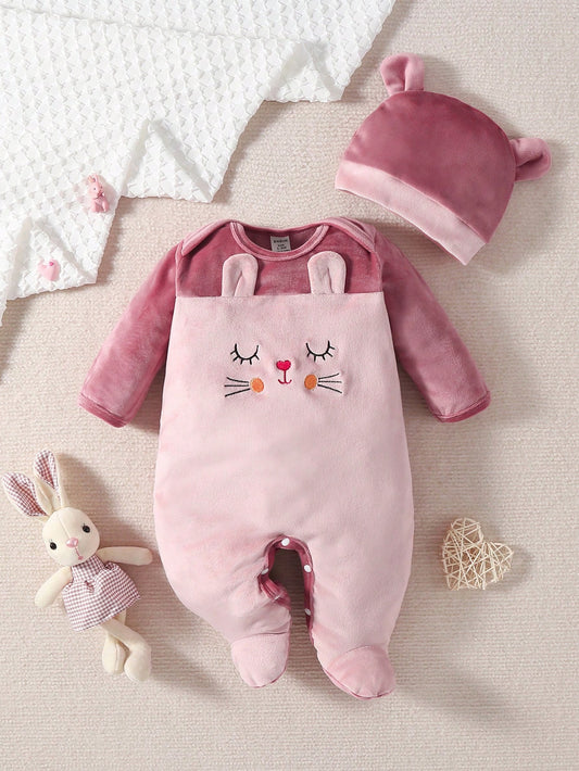 Playful Pals Cute Embroidered Ear Design Comfortable Romper For Baby Girls