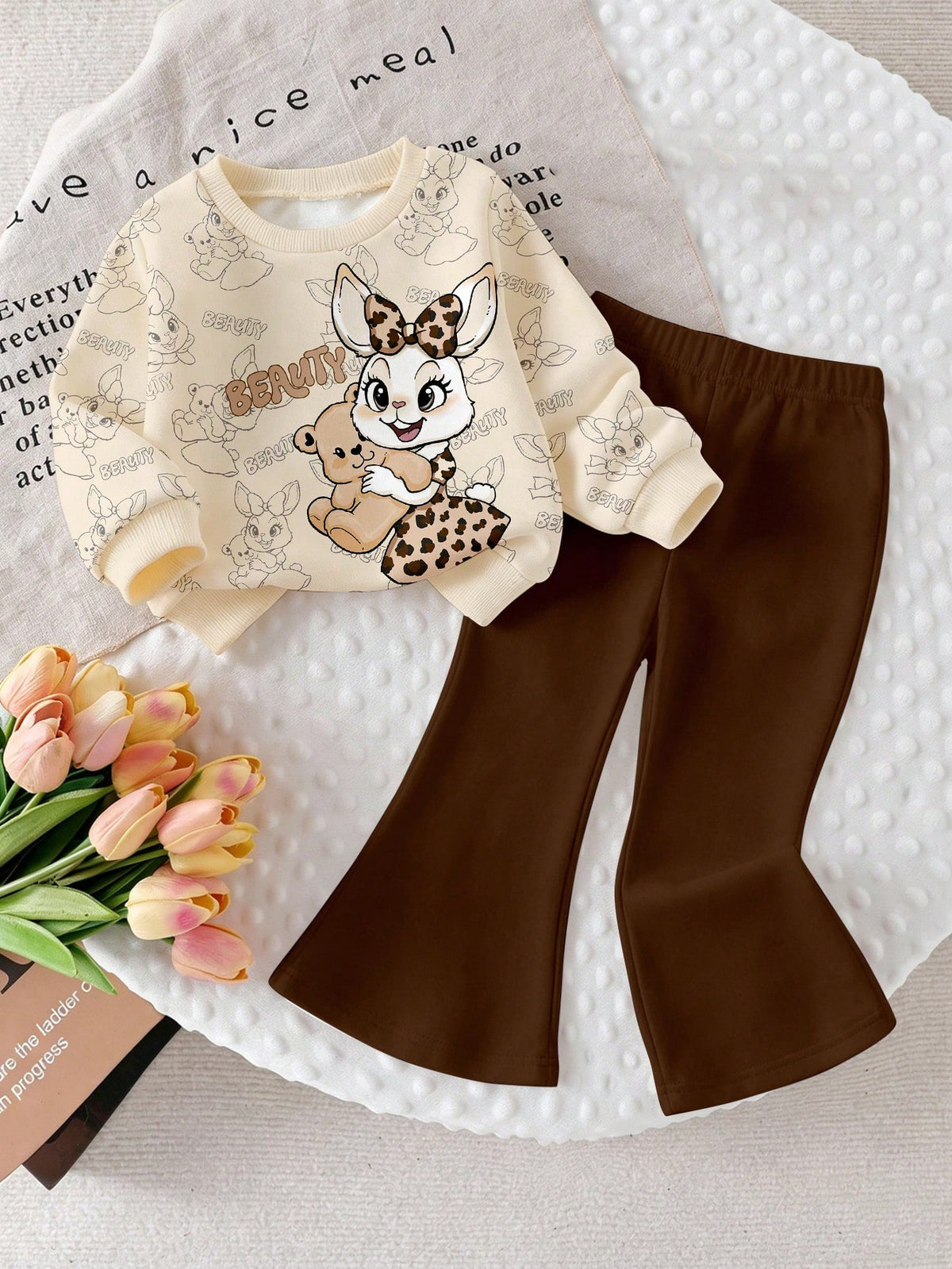 Playful Pals Korean Vintage Baby 2-Piece Set, Leopard Print Bow Cartoon Rabbit & Bear Graphic Crew Neck Sweatshirt With Elastic Coffee-Colored Flared Long Pants, Skin-Friendly Soft Fabric, Baby