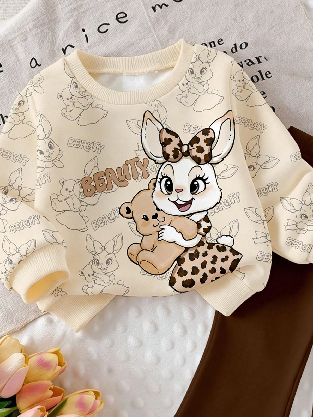 Playful Pals Korean Vintage Baby 2-Piece Set, Leopard Print Bow Cartoon Rabbit & Bear Graphic Crew Neck Sweatshirt With Elastic Coffee-Colored Flared Long Pants, Skin-Friendly Soft Fabric, Baby