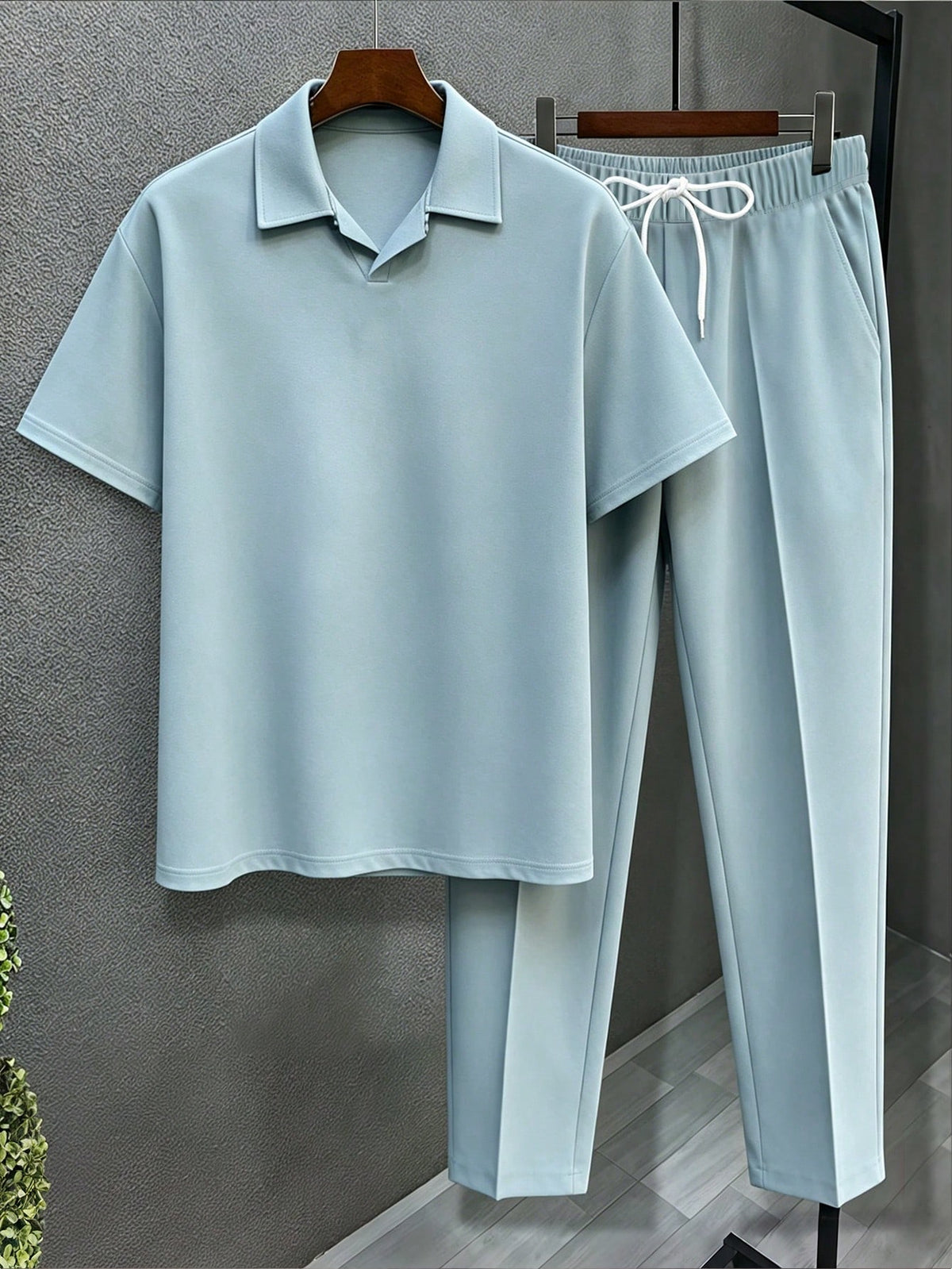 Plus Size Men Minimalist Solid Light Blue Polo Matching Trousers Casual Outfit