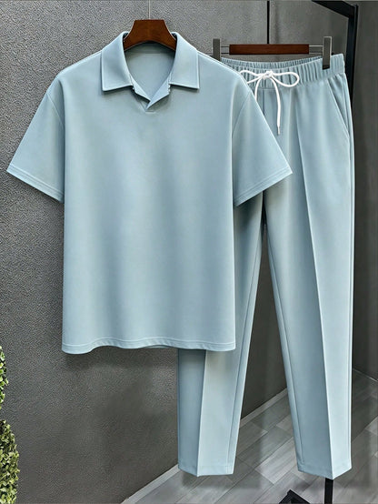 Plus Size Men Minimalist Solid Light Blue Polo Matching Trousers Casual Outfit