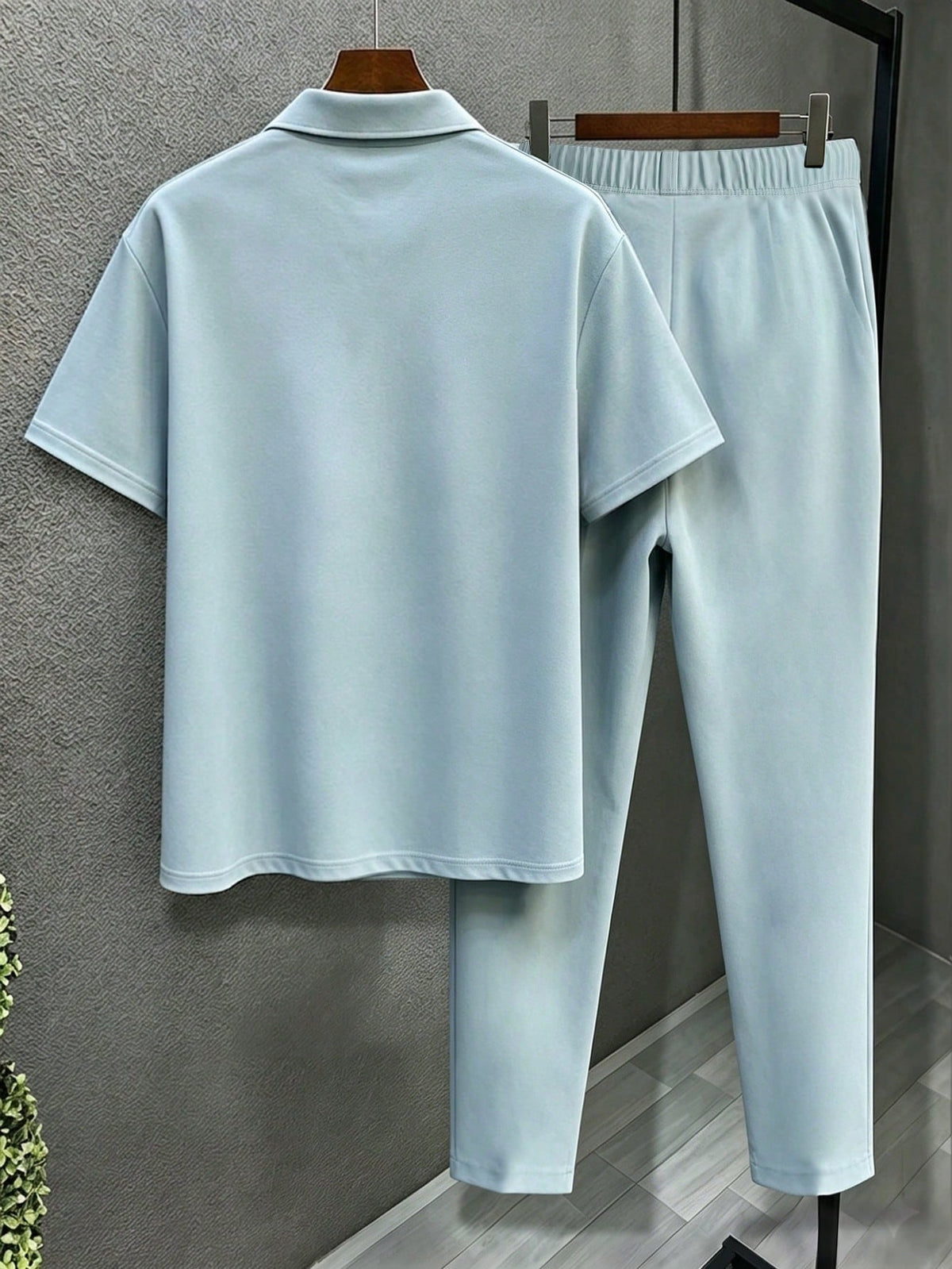 Plus Size Men Minimalist Solid Light Blue Polo Matching Trousers Casual Outfit
