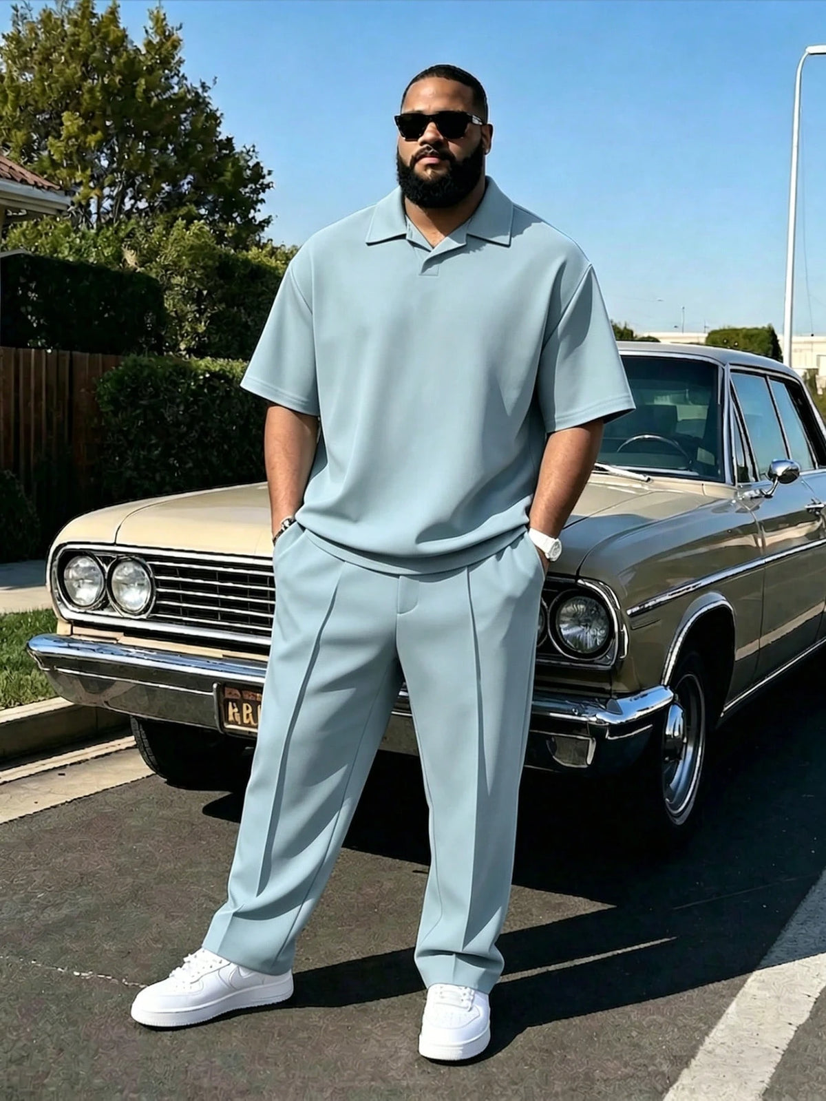 Plus Size Men Minimalist Solid Light Blue Polo Matching Trousers Casual Outfit