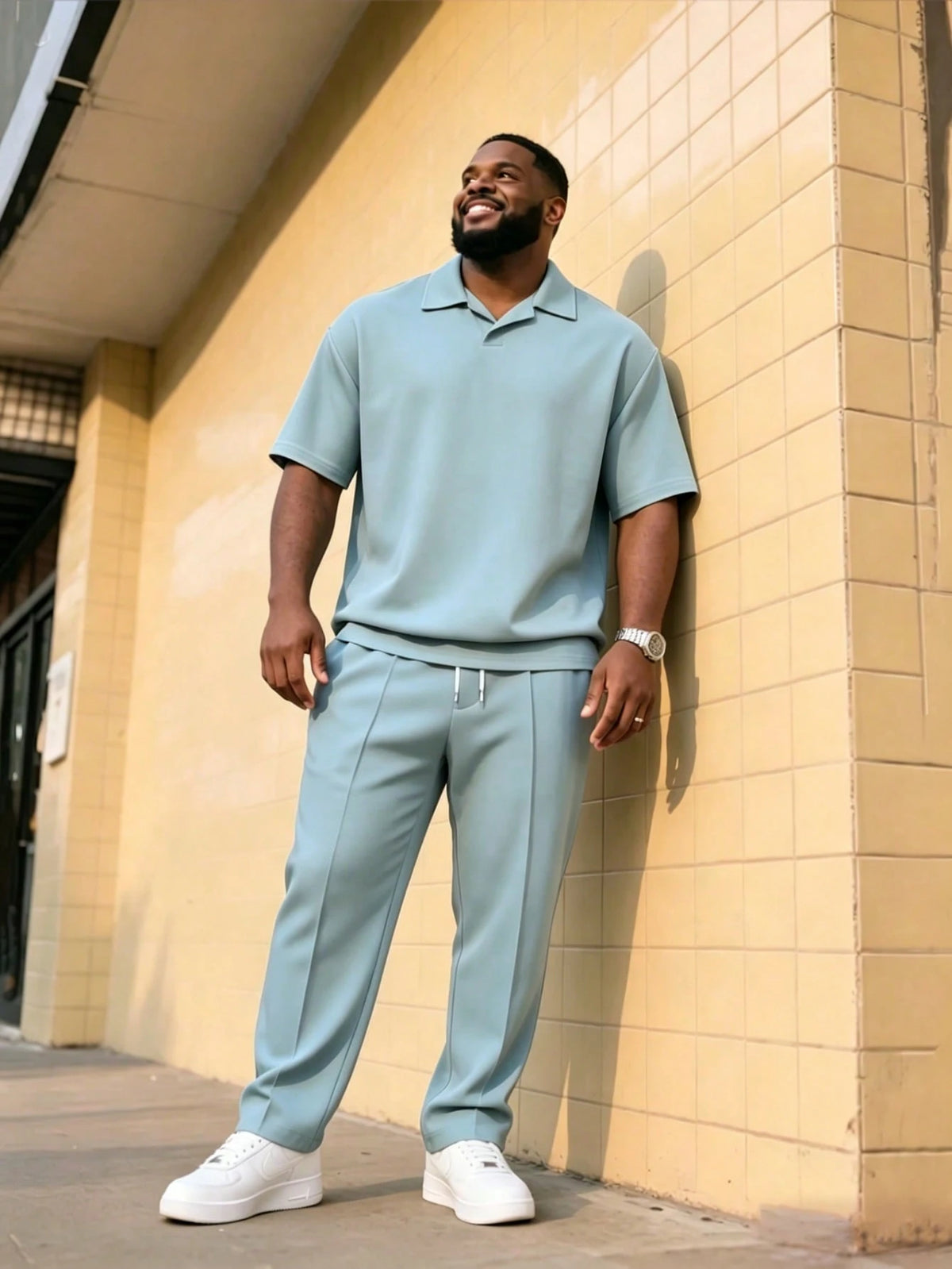 Plus Size Men Minimalist Solid Light Blue Polo Matching Trousers Casual Outfit