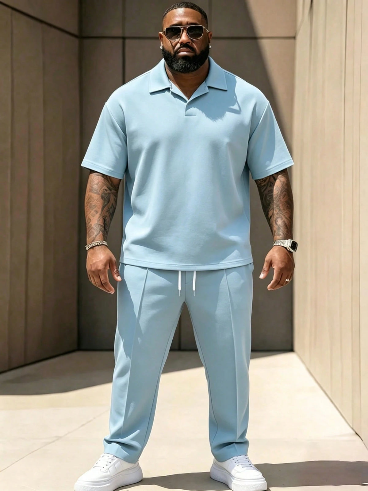 Plus Size Men Minimalist Solid Light Blue Polo Matching Trousers Casual Outfit