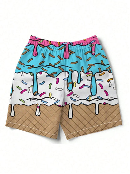 Plus Size Men's Ice Cream & Cake Print Casual Beach Shorts, Drawstring Waist, Single Layer, No Lining, Suitable For Summer Vacation & Outdoor Sports