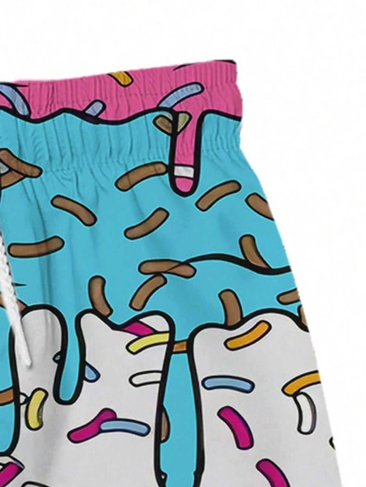 Plus Size Men's Ice Cream & Cake Print Casual Beach Shorts, Drawstring Waist, Single Layer, No Lining, Suitable For Summer Vacation & Outdoor Sports