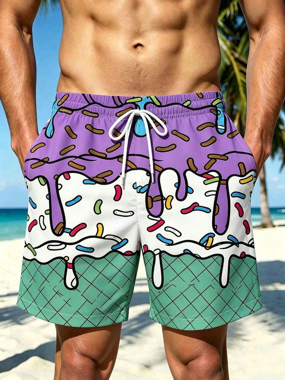 Plus Size Men's Ice Cream & Cake Print Casual Beach Shorts, Drawstring Waist, Single Layer, No Lining, Suitable For Summer Vacation & Outdoor Sports
