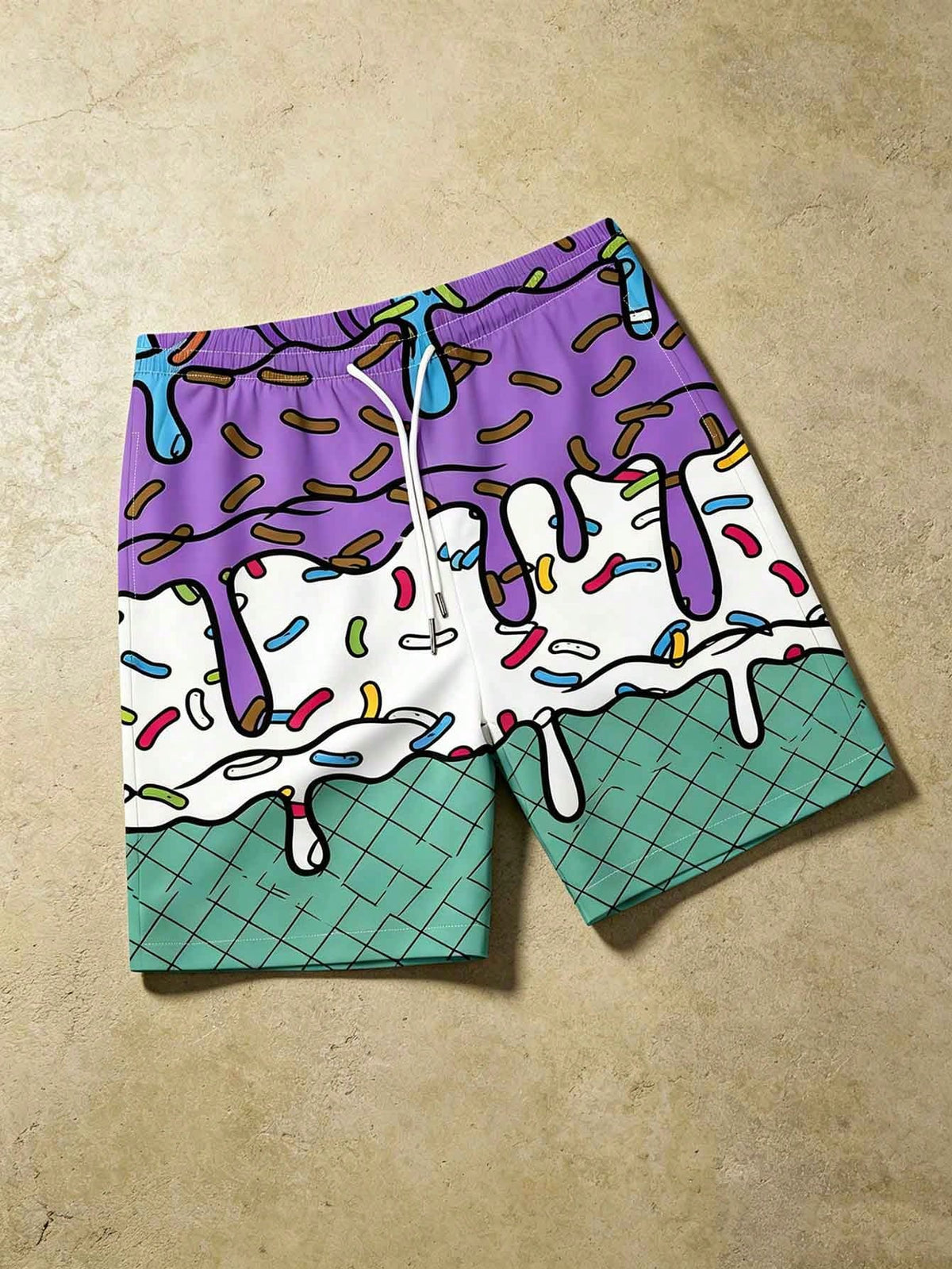 Plus Size Men's Ice Cream & Cake Print Casual Beach Shorts, Drawstring Waist, Single Layer, No Lining, Suitable For Summer Vacation & Outdoor Sports