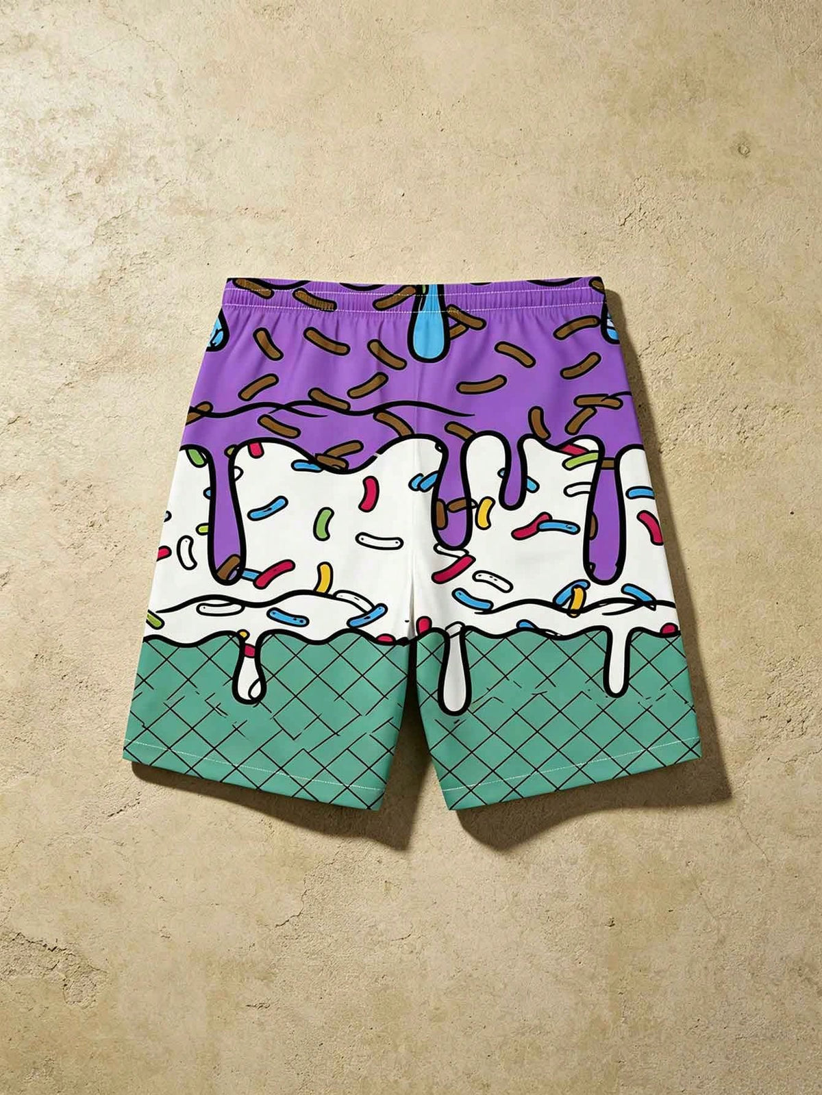 Plus Size Men's Ice Cream & Cake Print Casual Beach Shorts, Drawstring Waist, Single Layer, No Lining, Suitable For Summer Vacation & Outdoor Sports