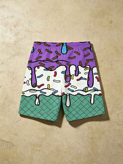 Plus Size Men's Ice Cream & Cake Print Casual Beach Shorts, Drawstring Waist, Single Layer, No Lining, Suitable For Summer Vacation & Outdoor Sports