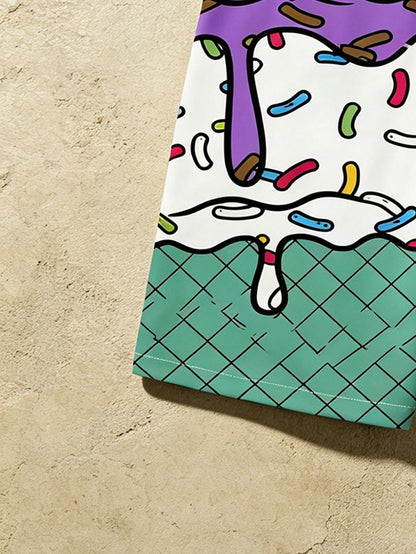 Plus Size Men's Ice Cream & Cake Print Casual Beach Shorts, Drawstring Waist, Single Layer, No Lining, Suitable For Summer Vacation & Outdoor Sports