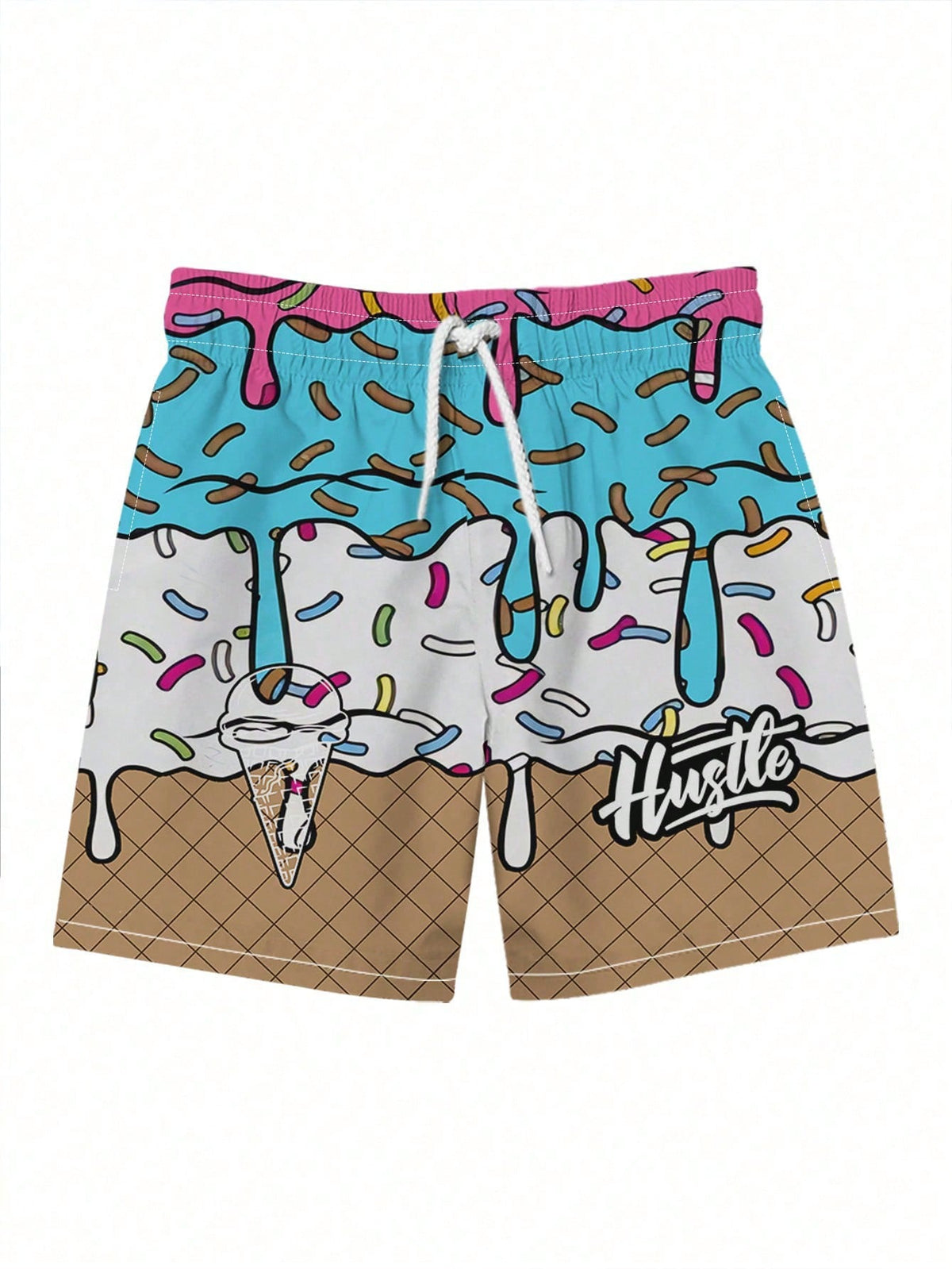 Plus Size Men's Ice Cream & Cake Print Casual Beach Shorts, Drawstring Waist, Single Layer, No Lining, Suitable For Summer Vacation & Outdoor Sports